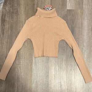 Love Tree Ribbed Turtleneck Crop Top - Tan